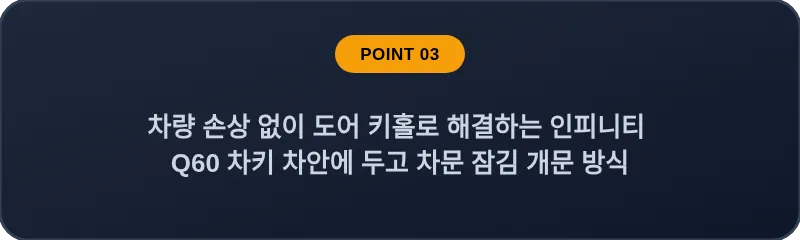 차량 손상 없이 도어 키홀로 해결하는 인피니티 Q60 차키 차안에 두고 차문 잠김 개문 방식