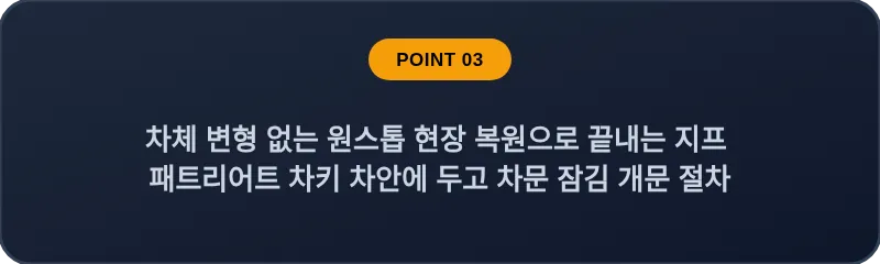 차체 변형 없는 원스톱 현장 복원으로 끝내는 지프 패트리어트 차키 차안에 두고 차문 잠김 개문 절차