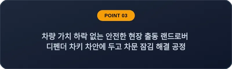 차량 가치 하락 없는 안전한 현장 출동 랜드로버 디펜더 차키 차안에 두고 차문 잠김 해결 공정