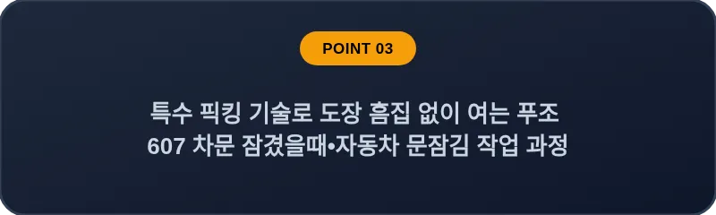 특수 픽킹 기술로 도장 흠집 없이 여는 푸조 607 차문 잠겼을때 자동차 문잠김 작업 과정