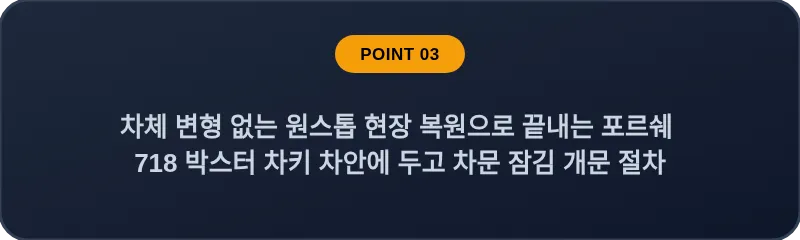 차체 변형 없는 원스톱 현장 복원으로 끝내는 포르쉐 718 박스터 차키 차안에 두고 차문 잠김 개문 절차