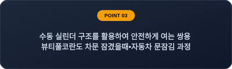 수동 실린더 구조를 활용하여 안전하게 여는 쌍용 뷰티풀코란도 차문 잠겼을때 자동차 문잠김 과정