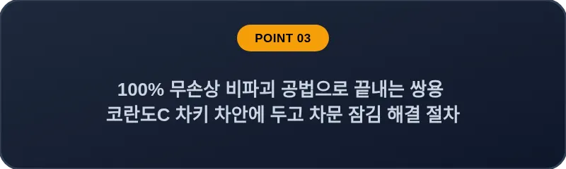 100% 무손상 비파괴 공법으로 끝내는 쌍용 코란도C 차키 차안에 두고 차문 잠김 해결 절차