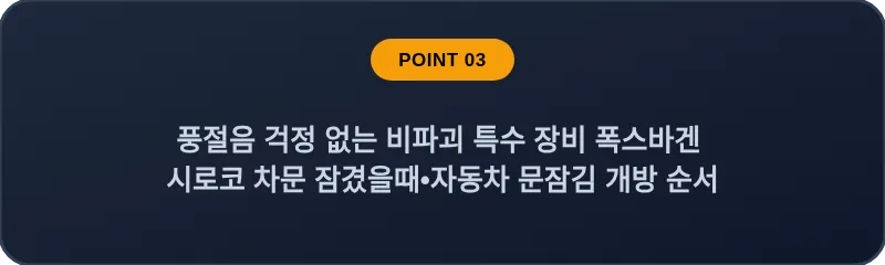 풍절음 걱정 없는 비파괴 특수 장비 폭스바겐 시로코 차문 잠겼을때 자동차 문잠김 개방 순서